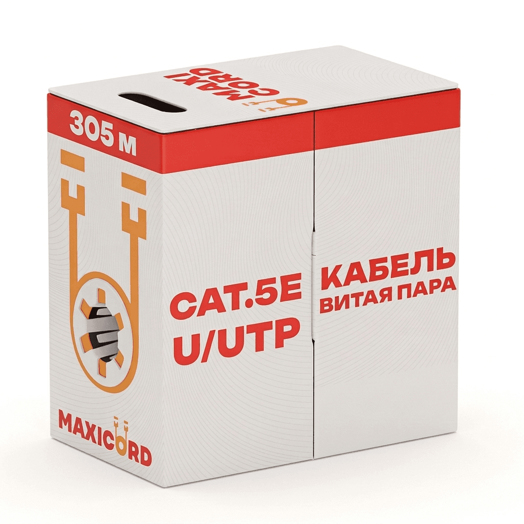Кабель витая пара Maxicord, категория 5e, неэкранированная U/UTP, 4 пары, одножильный (solid), CCA, 24 AWG, внутренний LSZH нг(А)-HF, серый, 305 м.