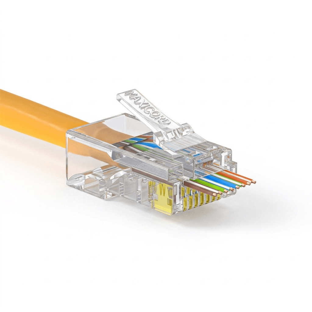 Коннектор Maxicord RJ-45(8P8C) под витую пару, категория 5e, универсальный (для одножильного и многожильного кабеля), сквозной, упаковка 100 штук