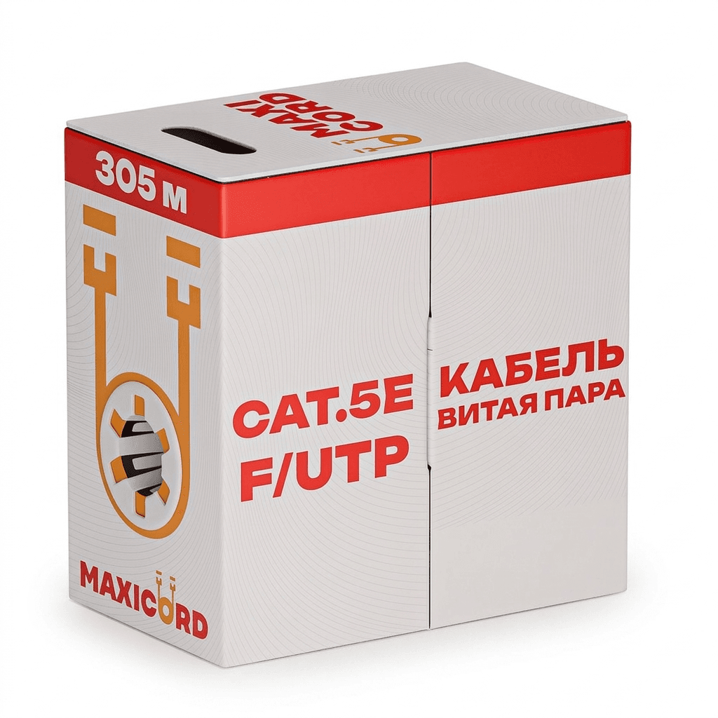 Кабель витая пара Maxicord, категория 5e, экранированная F/UTP, 4 пары, одножильный (solid), чистая медь (BC), 24 AWG, внутренний LSZH нг(А)-HF, серый, 305 м.