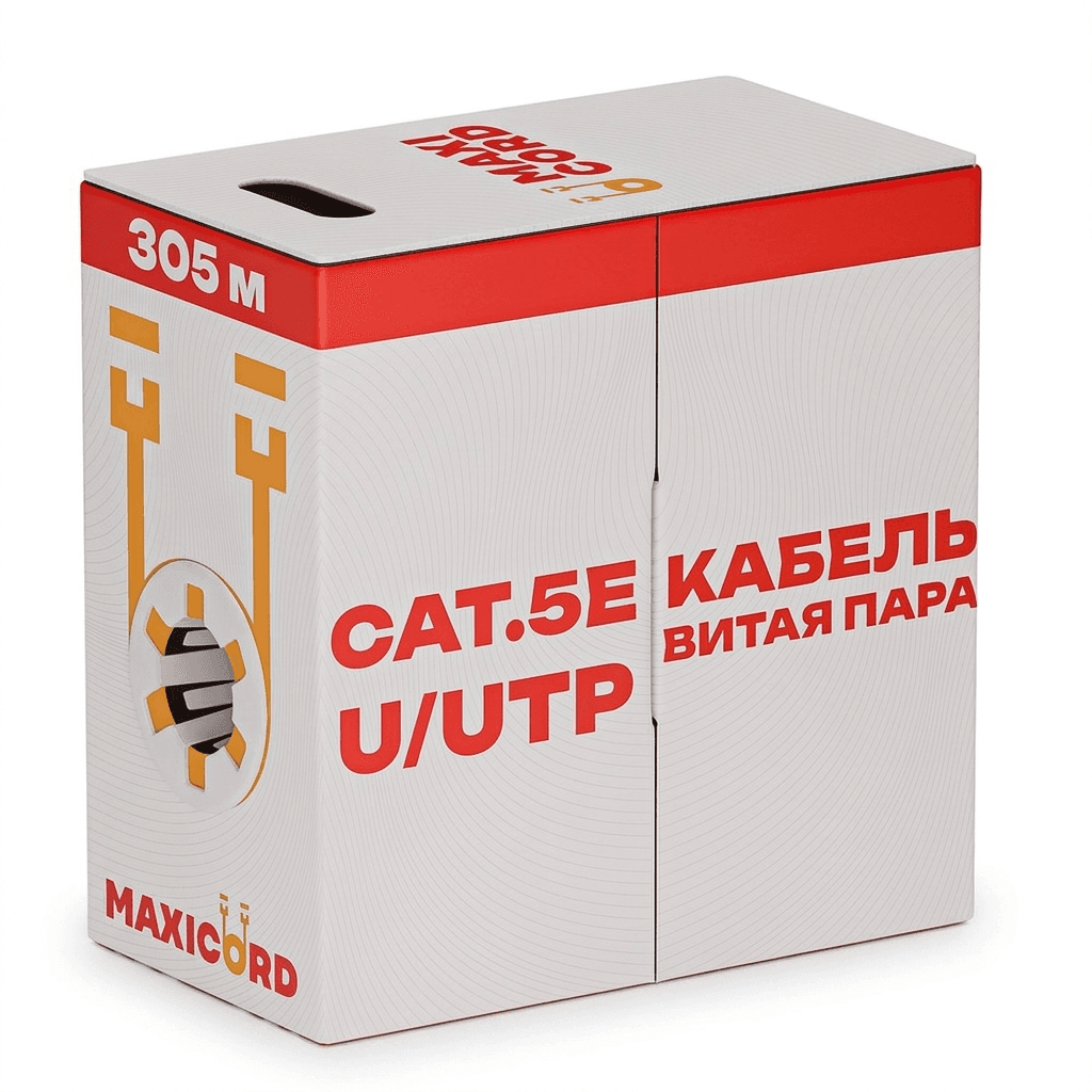Кабель витая пара Maxicord, категория 5e, неэкранированная U/UTP, 4 пары, одножильный (solid), чистая медь (BC), 24 AWG, внутренний LSZH нг(А)-HF, серый, 305 м.