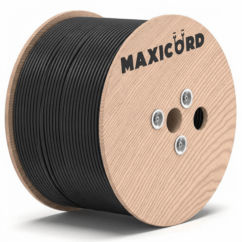 Кабель витая пара Maxicord, категория 5e, неэкранированная U/UTP, 4 пары, одножильный (solid), CCA, 24 AWG (light), внешний PE, черный, 305 м.